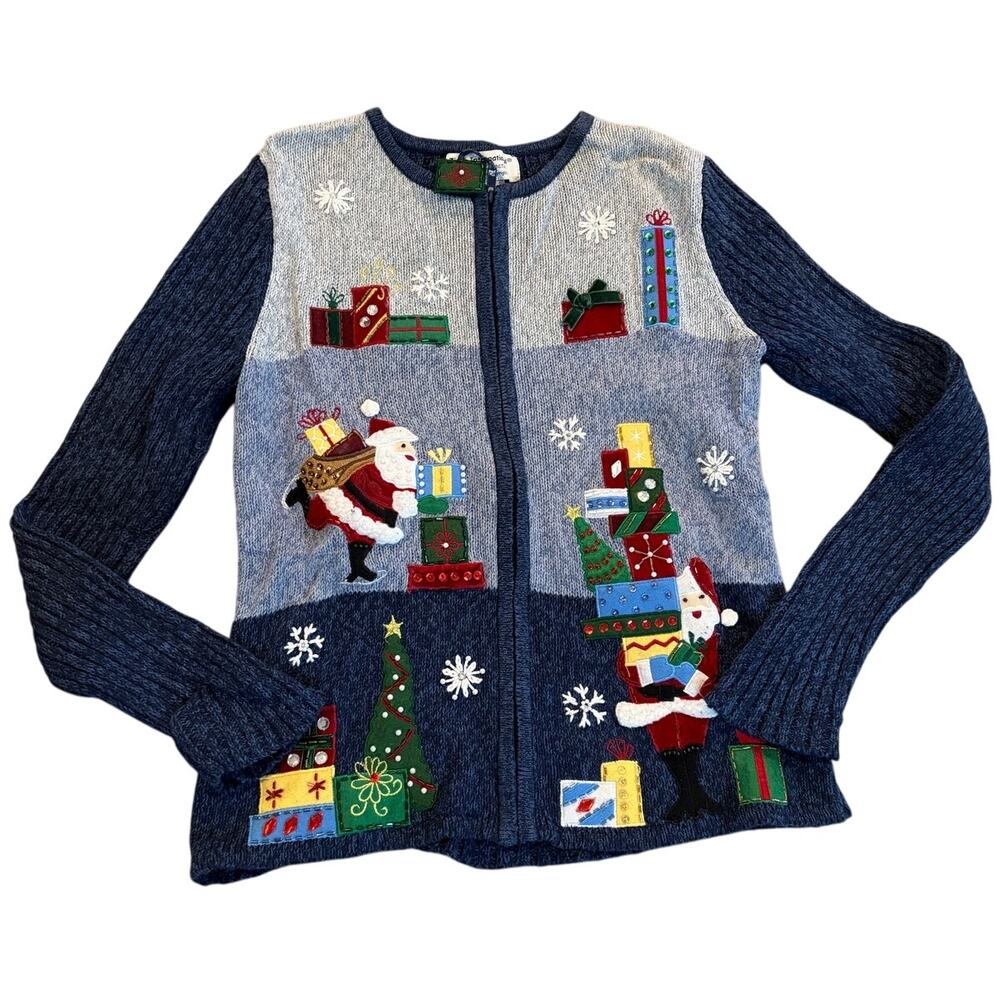 Tiara International Cardigan Womens Size Medium Blue Ugly‎ Christmas Sweater`